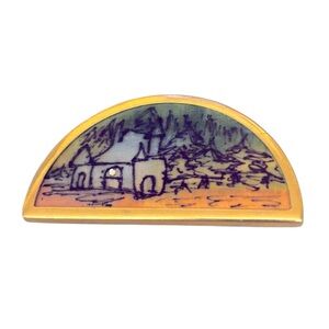Silk painting Vintage Brooch with beautiful nighttime cottage scene- gold tone